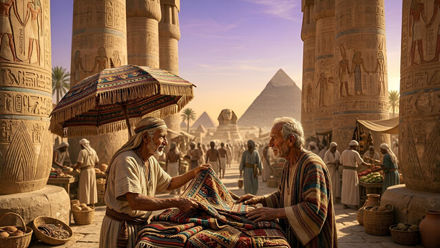 A seller is selling cloths at fair in ancient Egypt 