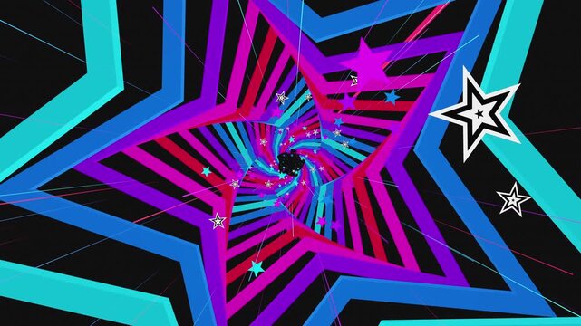 Seamless loop of an abstract star-shaped geometric tunnel for VJ and music visuals, for VJ sets, high-tech club visuals,  electronic music festivals, stage screens and for LED video walls