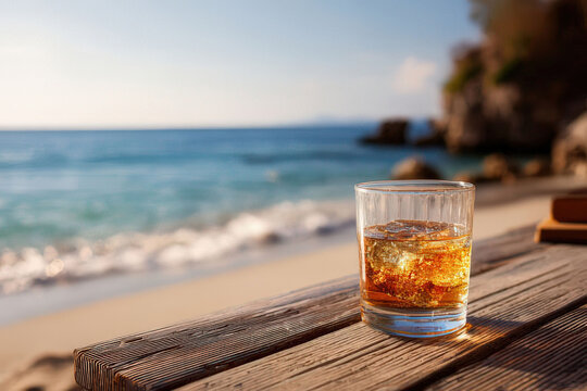 Glass of amber liquid with ice on a wooden table overlooking a tropical beach and ocean