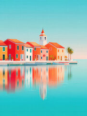 Fototapeta premium Vibrant coastal village with colorful houses and tranquil water reflections