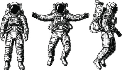 Three black and white of astronauts in different poses in space suits floating standing © MstFerdausi