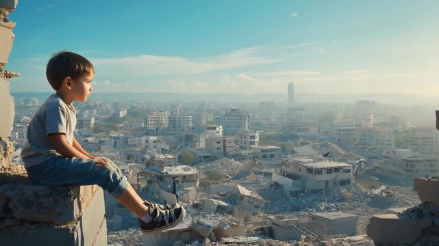 Young boy sits contemplatively on rubble overlooking a devastated city landscape, reflecting on loss and resilience.