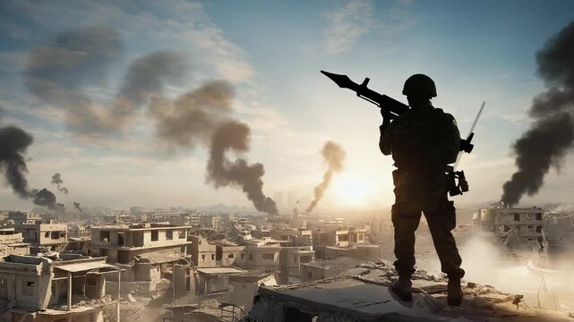 Lone Soldier Stands Watch Amidst Urban Ruins and Smoke, Symbolizing Conflict, Resilience, and Post-Apocalyptic Landscapes.
