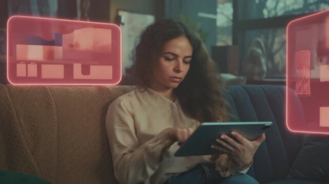 Relaxed woman uses digital overlays on couch, Woman on sofa engages with colorful digital interface and content