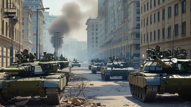Military convoy of tanks moves down a city street, showcasing armored vehicles and potential urban conflict scenarios.