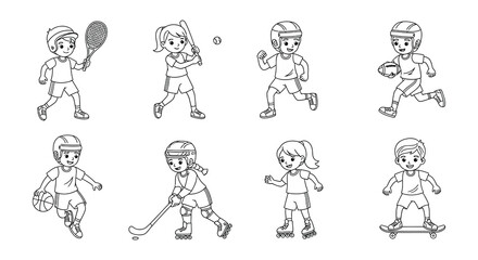 Children participating in various sports activities illustrated in black and white © Begum