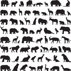 Fototapeta premium Collection of diverse animal silhouettes in black on white background