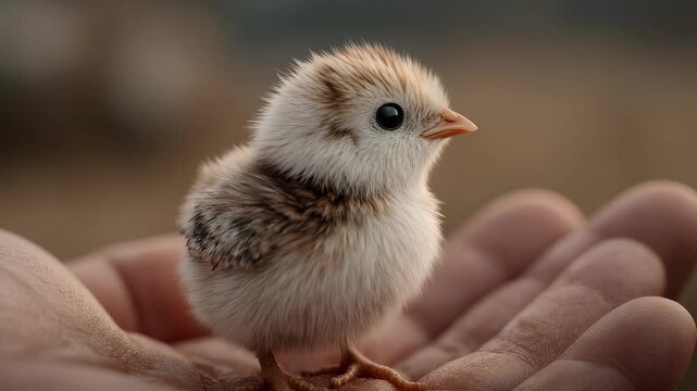 Tiny Chick Resting Gently in Hand, Close-Up of Newborn Poultry, Rural Farm Animal, Delicate Wildlife, Springtime Newborn.