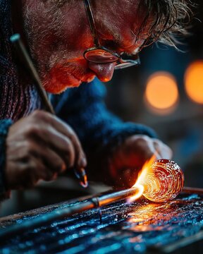 A skilled glassblower, holding a long metal tube, meticulously shapes a molten glass sphere that glows brightly; the silhouette of the craftsman can be seen against the dimly lit workshop backdrop.