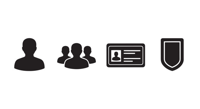 User Profile User Group ID Card Badge Icons in Row, Minimal Black Silhouettes 2D Flat Style White Background