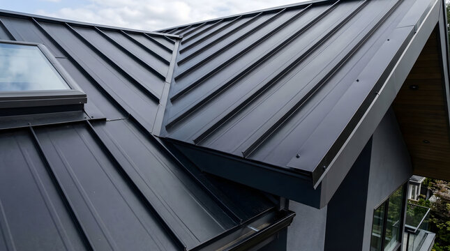 Modern house with sleek metal roof in wooded suburban neighborhood