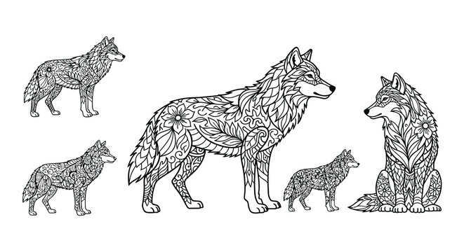 Intricate floral patterns adorn the silhouettes of three majestic wolves