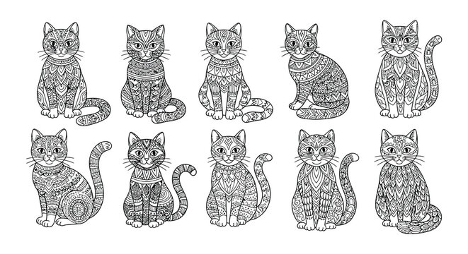 Detailed collection of nine intricately patterned seated and lounging cats
