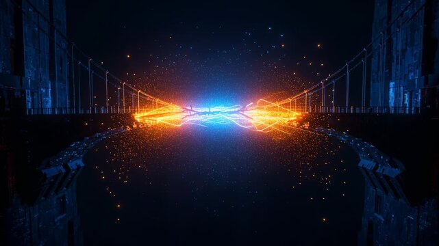 Futuristic bridge with energy collision. Blue and orange light beams clashing in a dark sci-fi environment. AI data center and digital power concept. Cinematic 3D animation