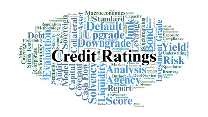 Obraz premium Credit Ratings Word Cloud. A Comprehensive Visual Map of Terms Related to Financial Grading, Risk Assessment, Rating Agency Methodologies, and Global Debt Market Standards.