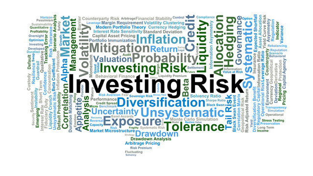 Investing Risk Word Cloud. A comprehensive overview of systematic and unsystematic risks, risk-adjusted return metrics, and strategic mitigation techniques for modern portfolios.
