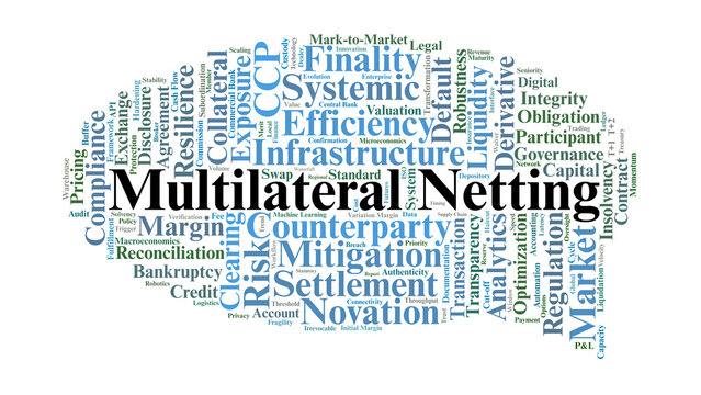 Multilateral Netting Word Cloud. A Professional Visual Overview of Centralized Settlement, Novation, Liquidity Optimization, and Systemic Risk Reduction in Global Clearing Systems.