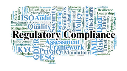 Fototapeta premium Regulatory Compliance Word Cloud. A Professional Visual Summary of Global Governance, Data Privacy, Financial Standards, Risk Mitigation, and Ethical Reporting Frameworks.