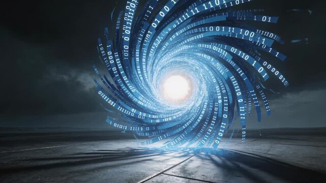 Digital portal of glowing binary code spiraling into a bright light. Futuristic vortex of big data and artificial intelligence on a dark landscape. Cyber technology and information flow concept