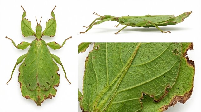 Leaf Insect Collection in Studio Style. A collection of green phasmid photos, including camouflage, mimicry, phylliidae, wings, legs, head, side view, close-up detail, and more. Studio Shot.