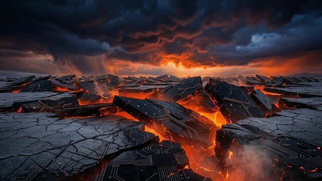 AI data centers rising from molten lava. Circuit board ground breaking apart under a stormy sky. Technological upheaval and digital infrastructure concept