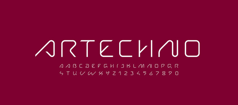 Technical future font, trendy digital cyber alphabet, letters from A, B, C, D, E, F, G, H, I, J, K, L, M, N, O, P, Q, R, S, T, U, V, W, X, Y, Z and numbers from 0, 1, 2, 3, 4, 5, 6, 7, 8, 9 for design