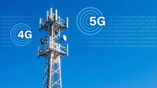 Telecommunication tower with 4g and 5g network antennas against a clear blue sky with binary code background
