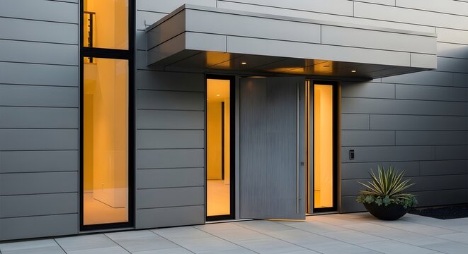 A sleek, contemporary residential building entrance features a large textured grey pivot door, illuminated by warm interior lights through tall vertical windows.