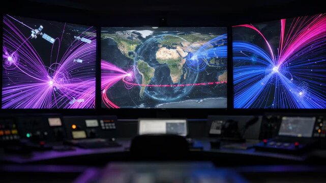 Medium focused shot of satellite network monitoring system screens featuring vibrant beam patterns with lowlit control room elements gently out of focus.