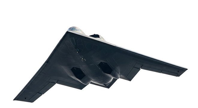 A professional 3D render of a B-2 Spirit stealth bomber with a matte black flying wing design isolated on white.