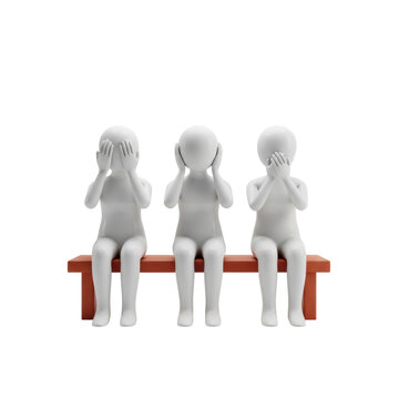 three abstract matte white genderless figures enacting the 'see no evil' proverb, seated tightly on a terracotta orange bench against a stark white backdrop, minimalist conceptual atmosphere