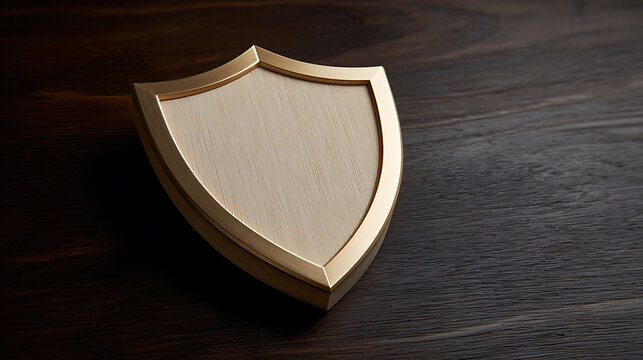 Elegant Golden Shield Emblem Displayed on a Dark Rustic Wood Surface, Symbolizing Protection, Security, and Quality, with Copy Space