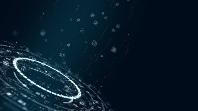 Motion graphic of document management with file icons, HUD interface and glowing data ring on a dark blue technology background, designed for cloud storage and workflow promotion.