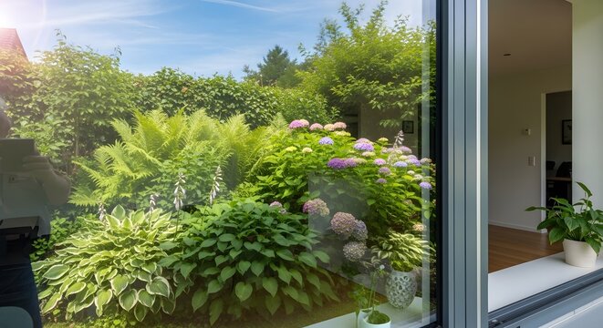 Lush vibrant garden view showcasing blooming hydrangeas, ferns, and hostas through modern window frame
