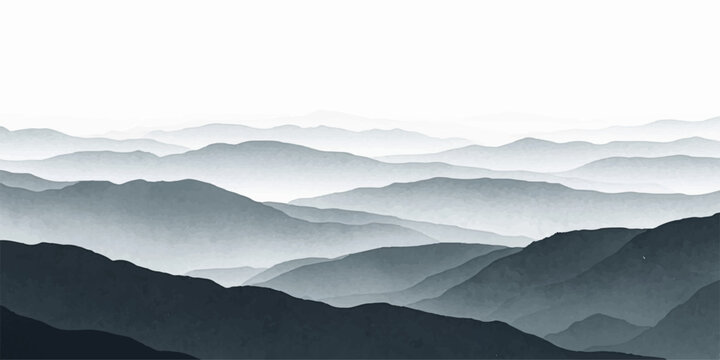 Watercolor mountain landscape in misty grey tones with layered peaks and fog effect.enveloping rolling mountain ranges creating a tranquil and mysterious atmosphere.
