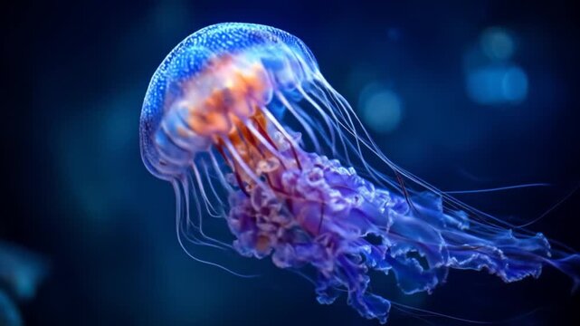 Vibrant jellyfish swimming in deep blue water underwater