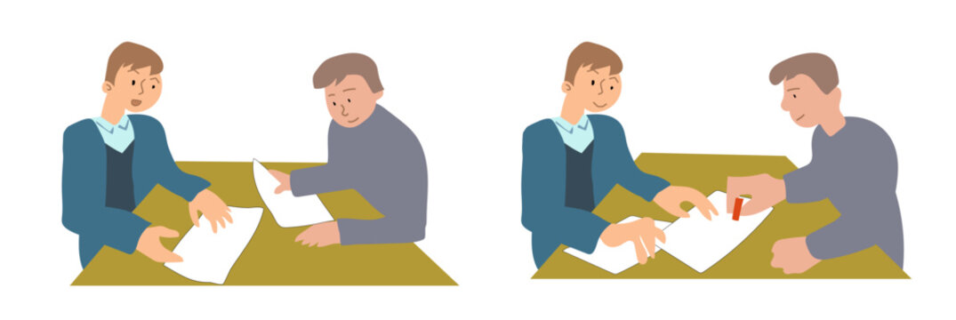 契約する営業マンと客、説明を受けて押印する場面の人物ベクターイラスト