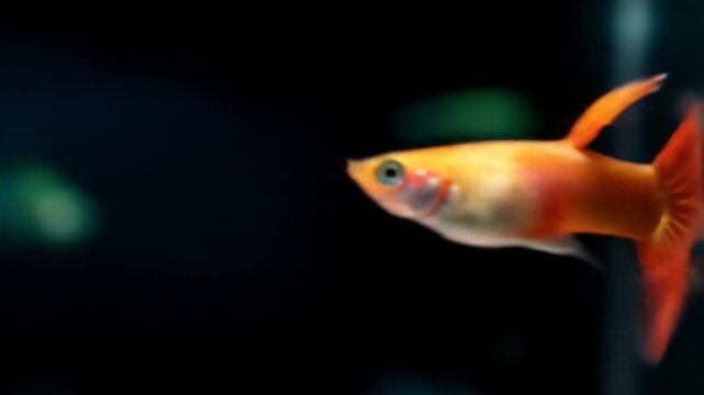 Vibrant orange guppy fish tail against dark background
