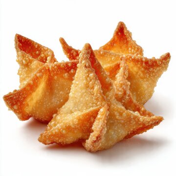 Delicious Golden Brown Crispy Fried Wontons or Crab Rangoons, Savory Asian Appetizers Isolated on a Clean White Background for Menu and Culinary Advertising