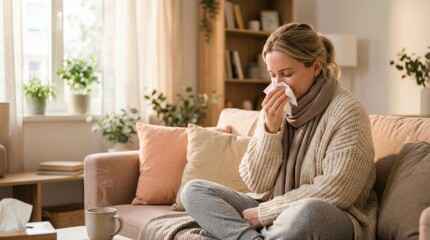 Obraz premium Woman with cold blowing her nose with a tissue while sitting on the couch