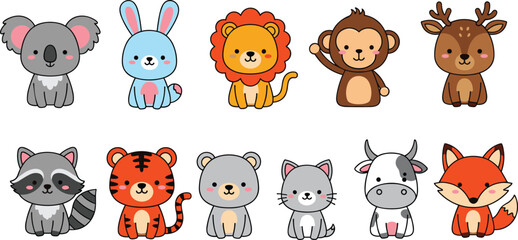 Cute cartoon animal collection illustration, koala rabbit lion monkey deer raccoon tiger bear cat cow fox, kids nursery vector set © Afsun