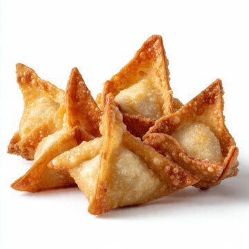 Delicious Golden Crispy Crab Rangoon or Cream Cheese Wontons, a Classic Asian Appetizer, Freshly Fried and Isolated on a White Background for Menus or Advertisements
