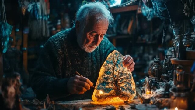Artisan Elder Carving Unique Amber Gemstone with Skill and Precision in a Cozy Workshop Surrounded by Tools and Mystical Artifacts. Generative AI