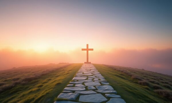 Stone Path Leading to Glowing Cross Inspirational Christian Faith Landscape