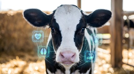 Close up of a black and white calf in a farm barn enhanced with glowing holographic icons symbolizing vital health and medical data monitoring