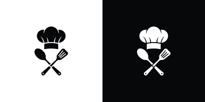 Black and white chef hat with crossed utensils on two-tone background