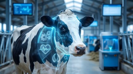 Futuristic smart farming technology monitoring a cow s health with digital overlay in a modern barn