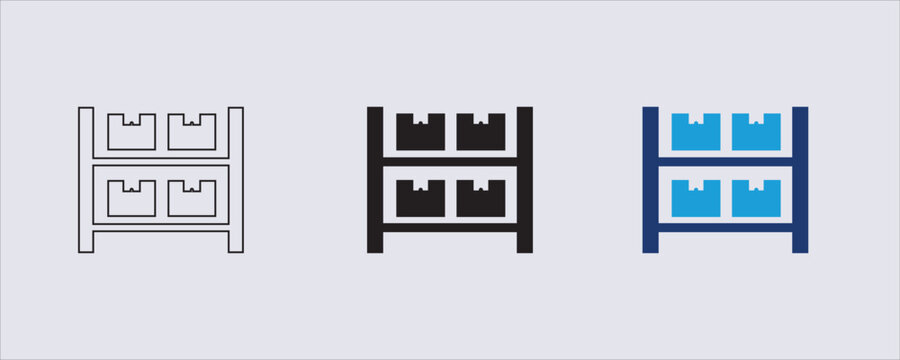 A vector icon representing a storage rack or warehouse shelving unit filled with boxes, It is commonly used to represent inventory, logistics, or warehouse management systems. 