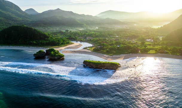 Lawar Beach with White Sand and Rugged Cliffs in West Sumbawa Indonesia