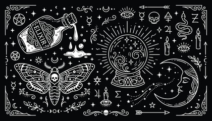 Mystical esoteric collection with magic elixir bottle and crystal ball on black background © 777SKYLABS